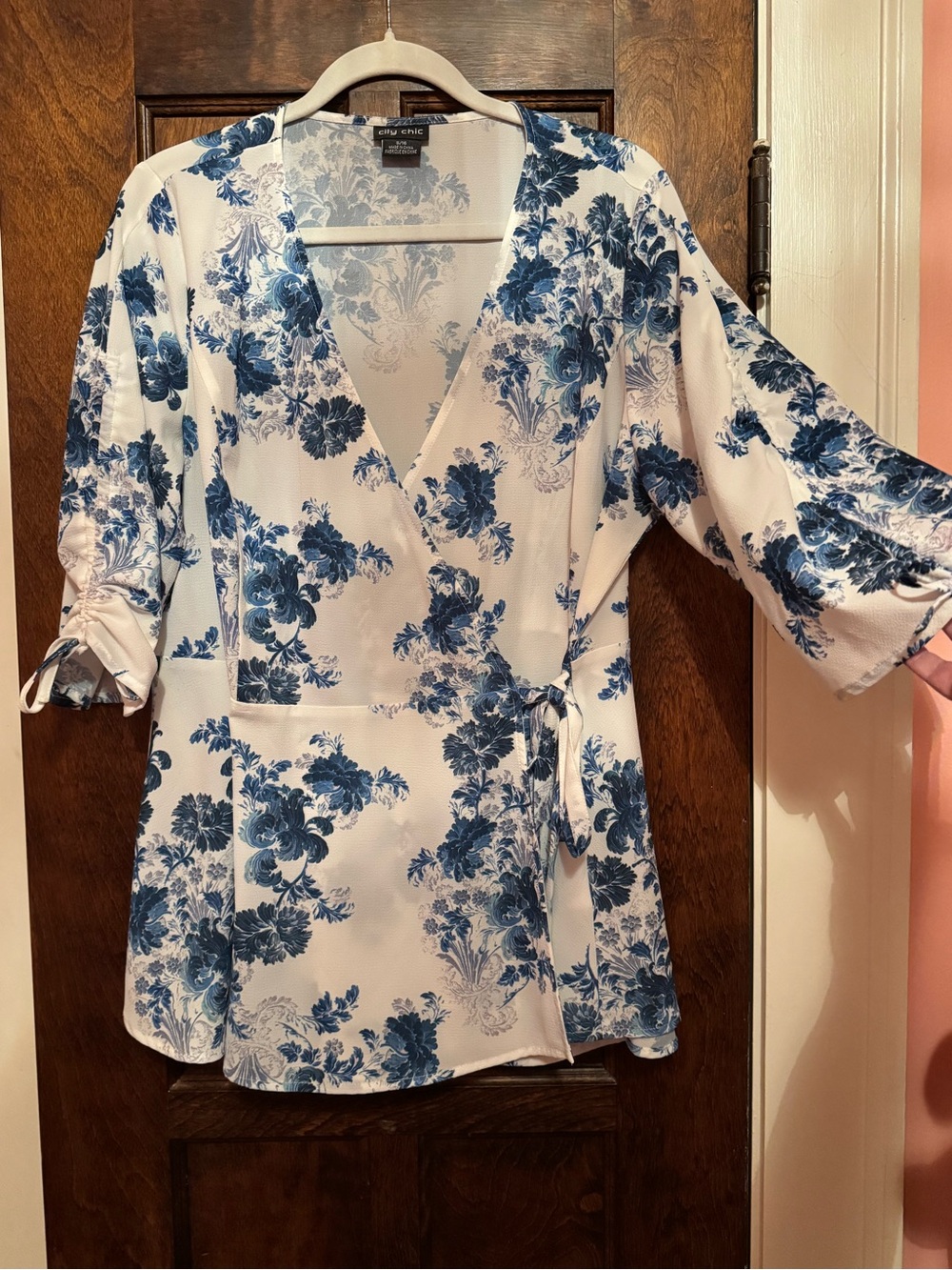 City Chic Blue Floral Wrap Top - White & Blue - Picture 3 of 5